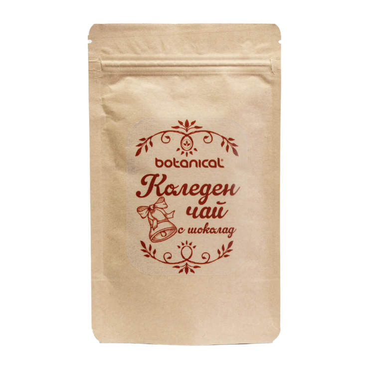 Christmas Chocolate Tea 40g – Festive Herbal Blend with Rooibos, Cacao Nibs, Orange Peel, and Spices in a beautifully designed festive package for holiday indulgence.