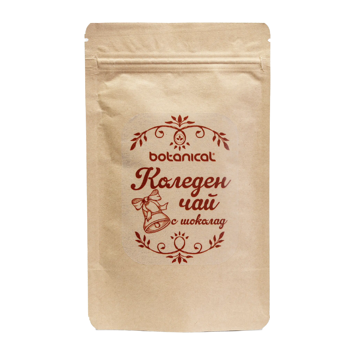 Christmas Chocolate Tea 40g – Festive Herbal Blend with Rooibos, Cacao Nibs, Orange Peel, and Spices in a beautifully designed festive package for holiday indulgence.