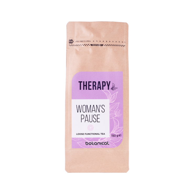 Woman Pause Therapy Tea 150g – Herbal Blend with Ashwagandha, Valerian, Sage, and Coconut for menopause support and vitality.